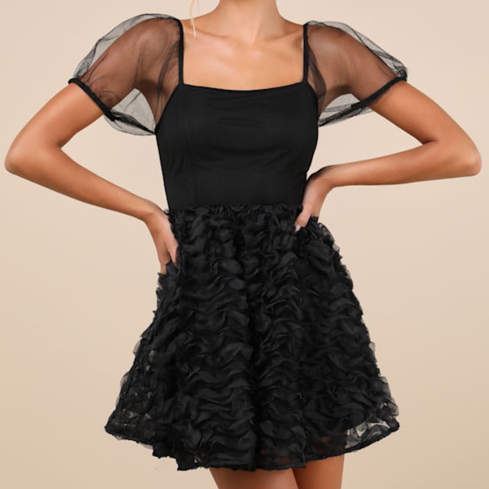 Lulus Collected Cutie Black Mesh Ruffled Short Sleeve Mini Dress - Size S